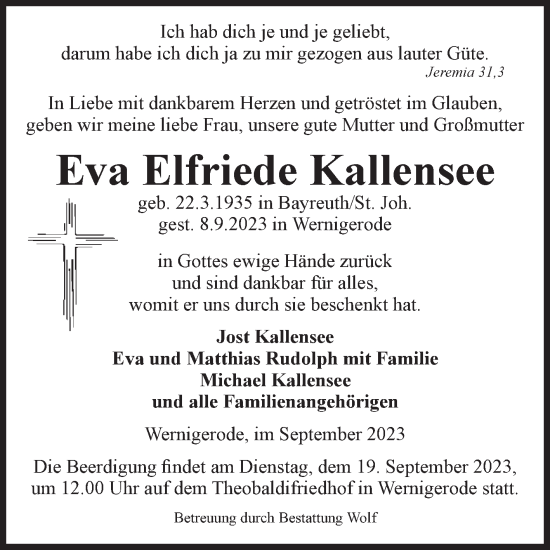 Traueranzeige von Eva Elfriede Kallensee von Volksstimme Wernigerode