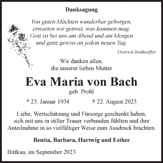 Traueranzeige von Eva Maria von Bach von Volksstimme Altmark Ost