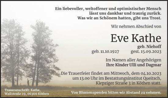 Traueranzeige von Eve Kathe von Trauerkombi Köthen
