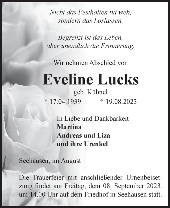 Traueranzeige von Eveline Lucks von Volksstimme Altmark Ost