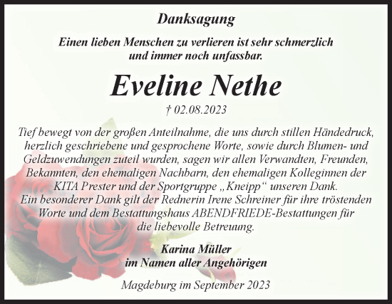 Traueranzeige von Eveline Nethe von Volksstimme Magdeburg