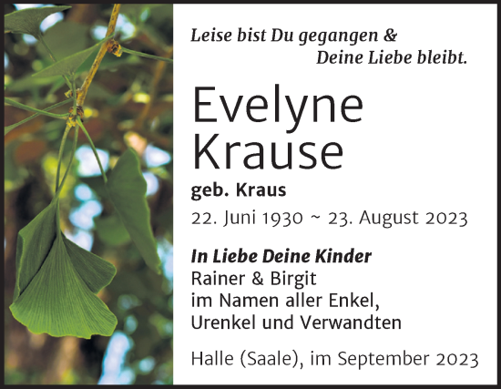Traueranzeige von Evelyne Krause von Mitteldeutsche Zeitung Halle/Saalkreis