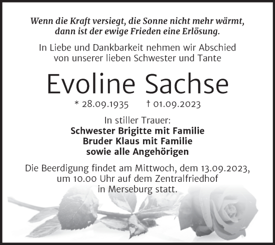 Traueranzeige von Evoline Sachse von Trauerkombi Merseburg