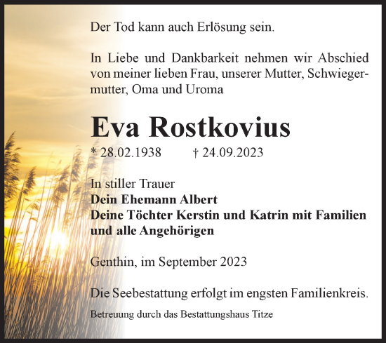 Traueranzeige von Evy Rostkovius von Volksstimme Burg/Genthin