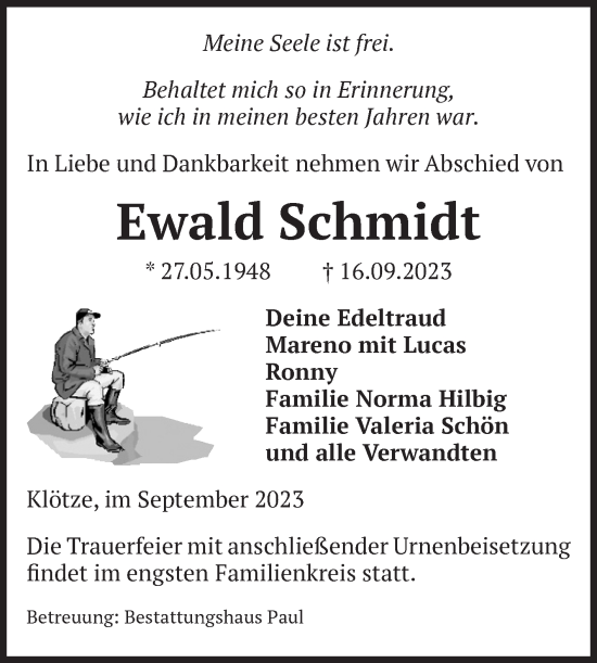 Traueranzeige von Ewald Schmidt von Volksstimme Altmark West
