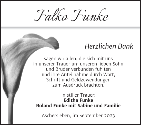 Traueranzeige von Falko Funke von Trauerkombi Aschersleben