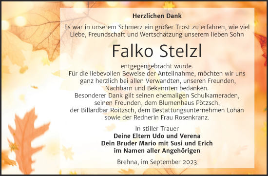 Traueranzeige von Falko Stelz von Trauerkombi Bitterfeld