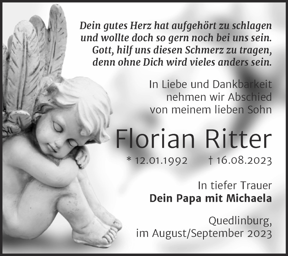  Traueranzeige für Florian Ritter vom 09.09.2023 aus Trauerkombi Quedlinburg