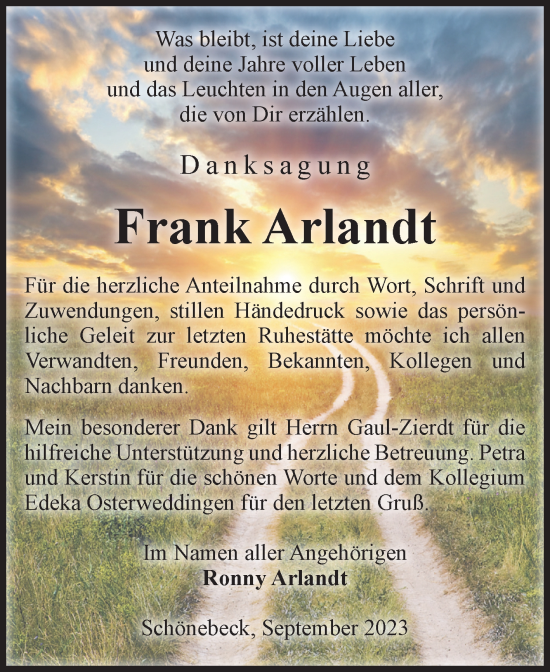 Traueranzeige von Frank Arlandt von Volksstimme Schönebeck