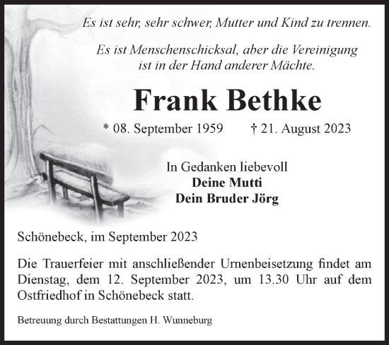 Traueranzeige von Frank Bethke von Volksstimme Schönebeck