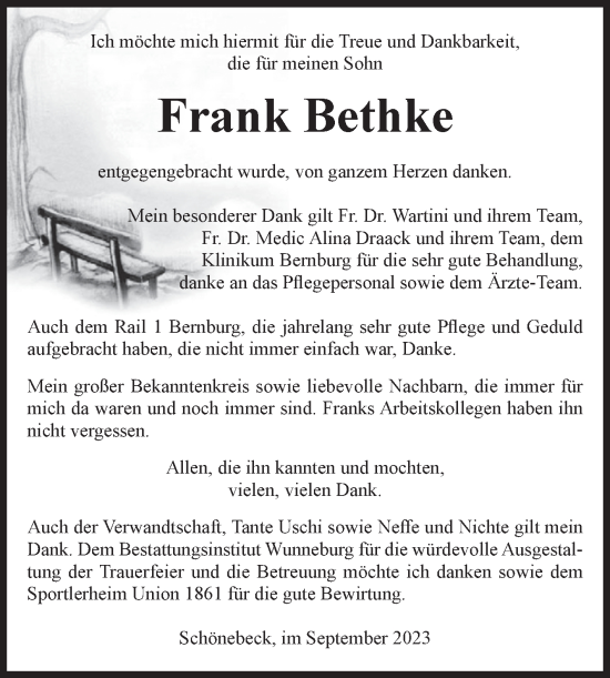 Traueranzeige von Frank Bethke von Volksstimme Schönebeck