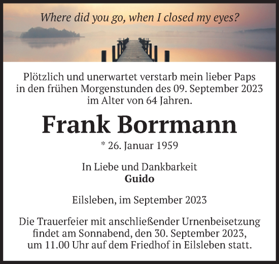 Traueranzeige von Frank Borrmann von Volksstimme Oschersleben/Wanzleben