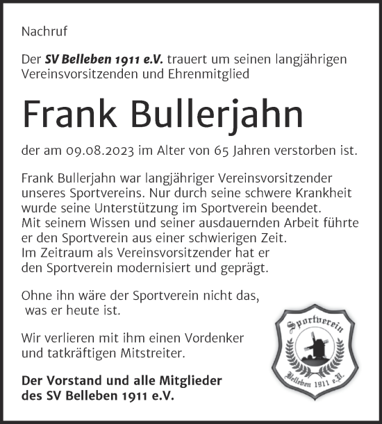 Traueranzeige von Frank Bullerjahn von Trauerkombi Bernburg