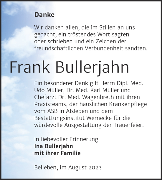 Traueranzeige von Frank Bullerjahn von Trauerkombi Bernburg