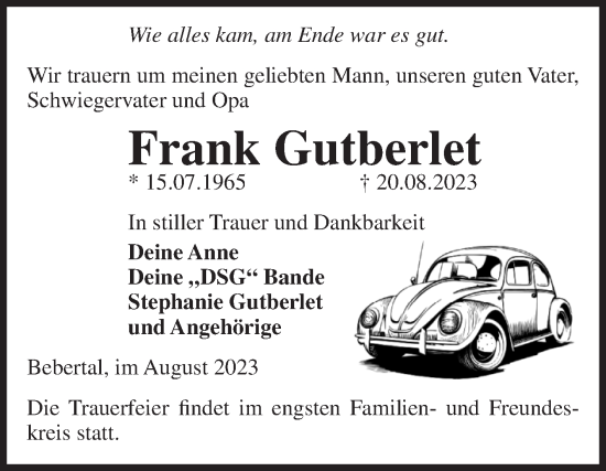 Traueranzeige von Frank Gutberlet von Volksstimme Haldensleben/Wolmirstedt