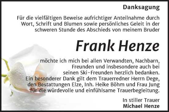 Traueranzeige von Frank Henze von Trauerkombi Dessau
