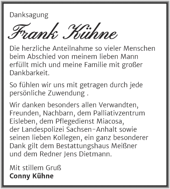 Traueranzeige von Frank Kühne von Trauerkombi Sangerhausen