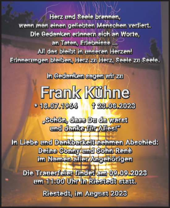 Traueranzeige von Frank Kühne von Trauerkombi Sangerhausen
