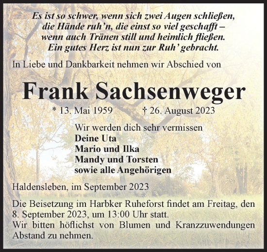 Traueranzeige von Frank Sachsenweger von Volksstimme Haldensleben/Wolmirstedt