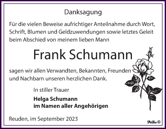 Traueranzeige von Frank Schumann von Trauerkombi Zeitz