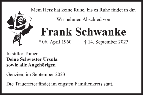 Traueranzeige von Frank Schwanke von Volksstimme Altmark West