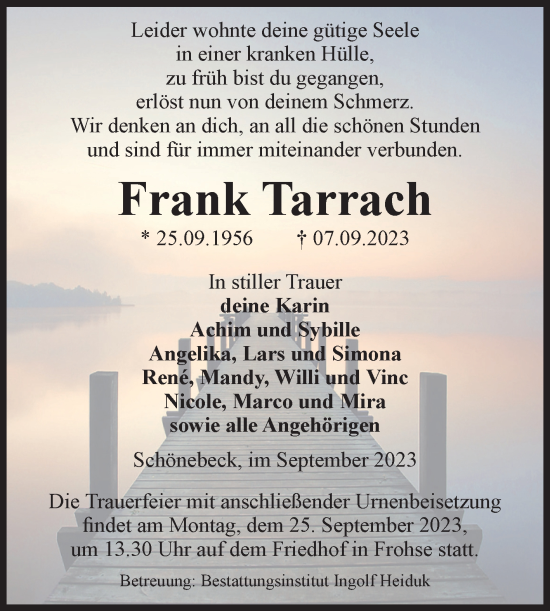 Traueranzeige von Frank Tarrach von Volksstimme Schönebeck
