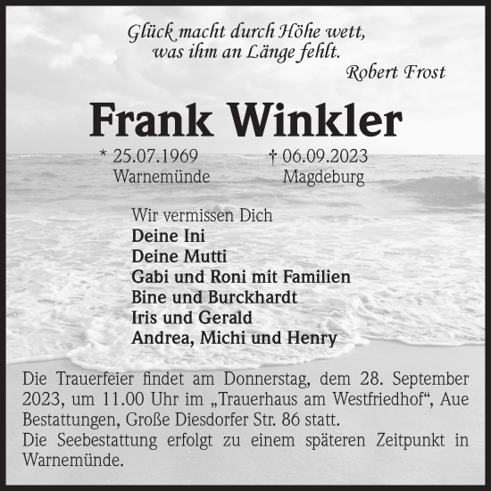 Traueranzeige von Frank Winkler von Volksstimme Magdeburg