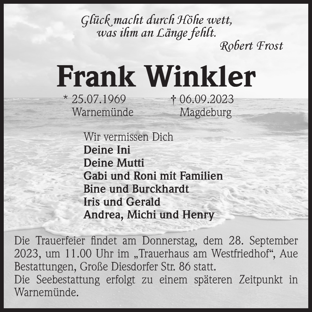  Traueranzeige für Frank Winkler vom 16.09.2023 aus Volksstimme Magdeburg