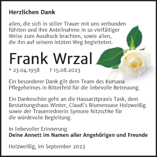Traueranzeige von Frank Wrzal von Trauerkombi Bitterfeld