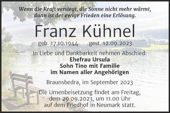Traueranzeige von Franz Kühnel von Trauerkombi Merseburg