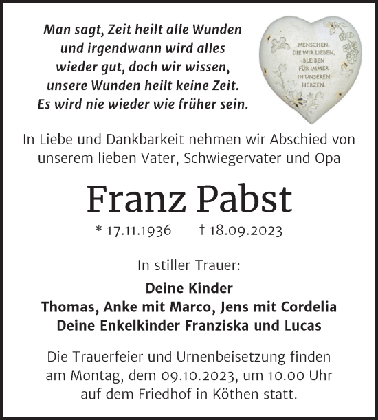 Traueranzeige von Franz Pabst von Trauerkombi Köthen