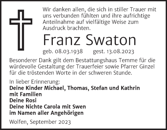 Traueranzeige von Franz Swaton von Trauerkombi Bitterfeld