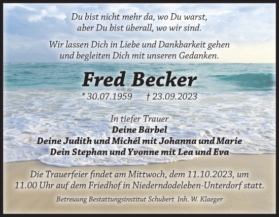 Traueranzeige von Fred Becker von Volksstimme Haldensleben/Wolmirstedt