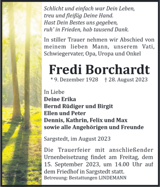 Traueranzeige von Fredi Borchardt von Volksstimme Halberstadt