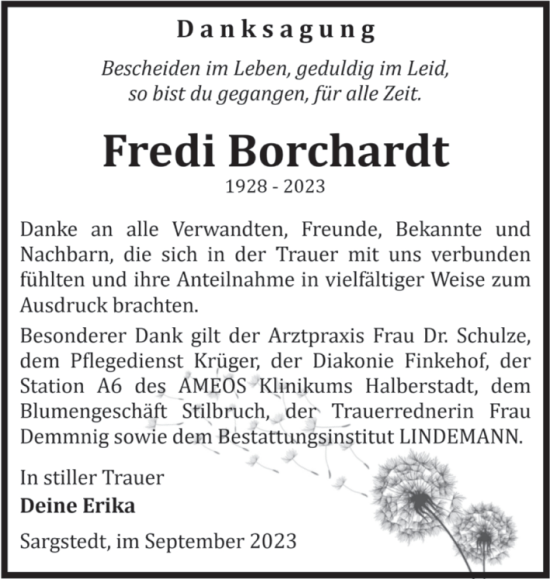 Traueranzeige von Fredi Borchardt von Volksstimme Halberstadt