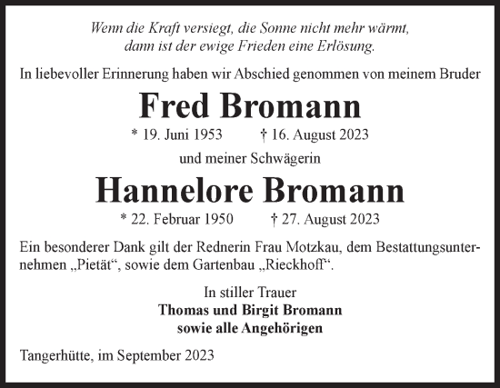 Traueranzeige von Fred und Hannelore Bromann von Volksstimme Altmark Ost