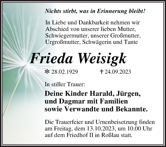 Traueranzeige von Frieda Weisigk von Trauerkombi Dessau