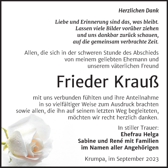 Traueranzeige von Frieder Krauß von Trauerkombi Merseburg