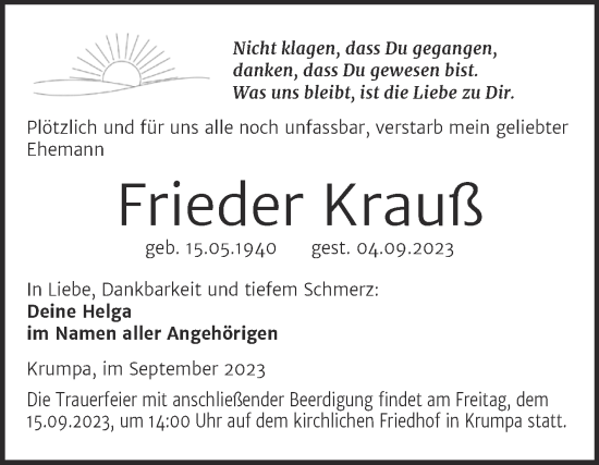 Traueranzeige von Frieder Krauß von Mitteldeutsche Zeitung Merseburg/Querfurt