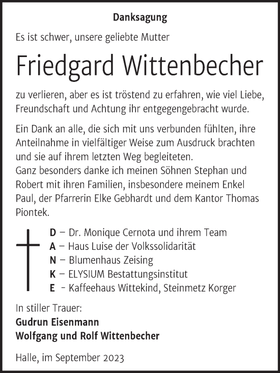 Traueranzeige von Friedgard Wittenbecher von Mitteldeutsche Zeitung Halle/Saalkreis