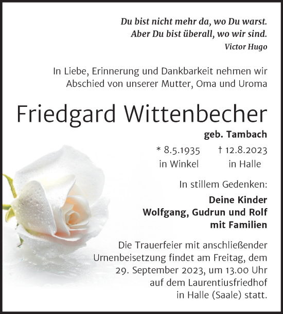 Traueranzeige von Friedgard Wittenbecher von Mitteldeutsche Zeitung Sangerhausen