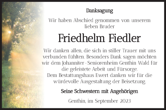 Traueranzeige von Friedhelm Fiedler von Volksstimme Burg/Genthin