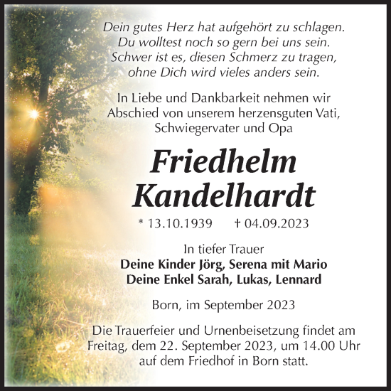 Traueranzeige von Friedhelm Kandelhardt von Volksstimme Haldensleben/Wolmirstedt