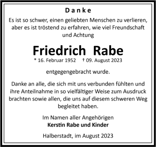 Traueranzeige von Friedrich Rabe von Volksstimme Halberstadt