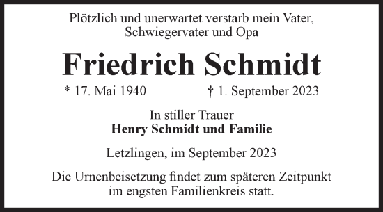 Traueranzeige von Friedrich Schmidt von Volksstimme Altmark West