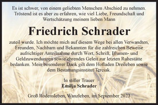 Traueranzeige von Friedrich Schrader von Volksstimme Oschersleben/Wanzleben