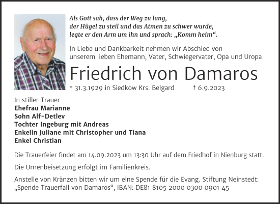Traueranzeige von Friedrich von Damaros von Mitteldeutsche Zeitung Bernburg