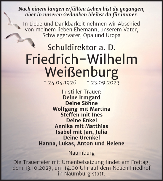Traueranzeige von Friedrich-Wilhelm Weißenburg von Naumburger Tageblatt