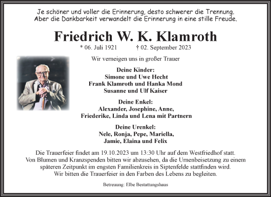 Traueranzeige von Friedrich W. K. Klamroth von Volksstimme Magdeburg