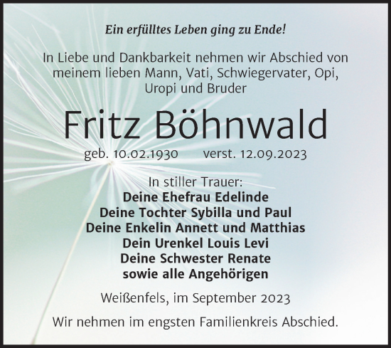 Traueranzeige von Fritz Böhnwald von Trauerkombi Weißenfels